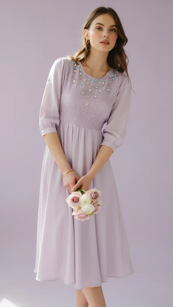 Lavender-Smocked-Dress-With-Turquoise-and-Gold-Pearls-and-Minimal-Jewelry Lavender Smocked Dress With Turquoise and Gold Pearls and Minimal Jewelry