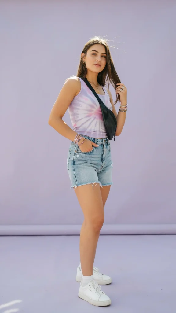 Lavender-and-Bubble-Pink-Tie-dye-abstract-tank-top-with-jorts-festival-summer-vibe Lavender and Bubble Pink Tie dye abstract tank top with jorts festival summer vibe