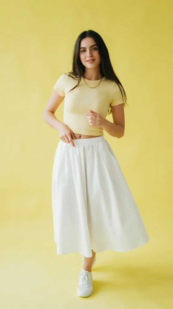 Lemon-Yellow-Baby-Tee-with-White-Flowy-Midi-Skirt Lemon Yellow Baby Tee with White Flowy Midi Skirt