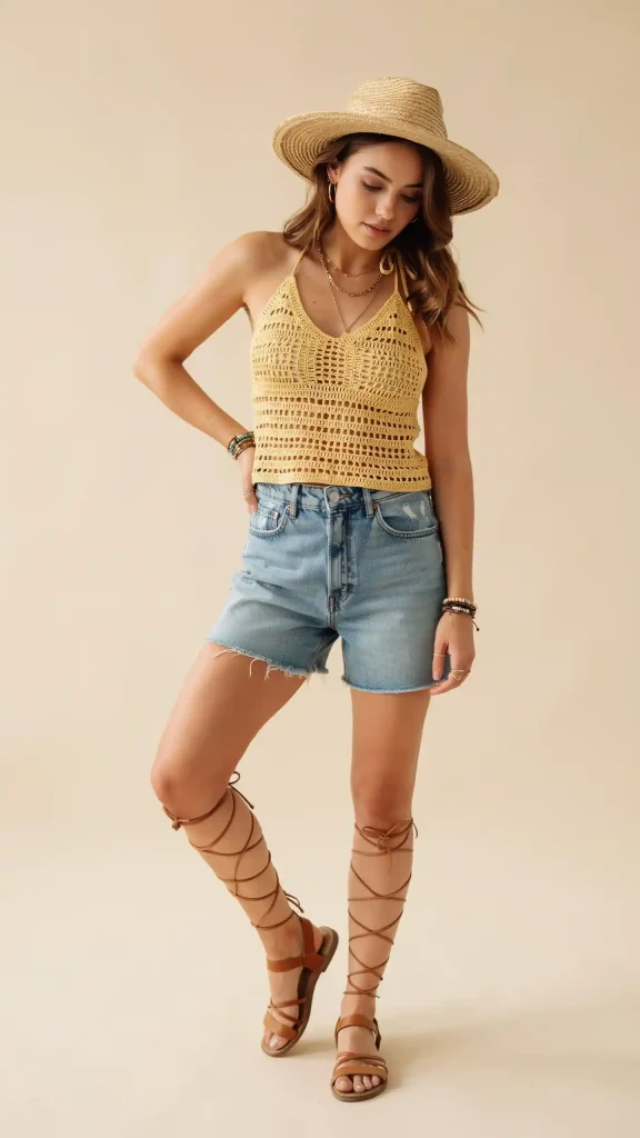 Lemon-Yellow-Crochet-halter-top-with-high-waist-jorts-boho-summer-look Lemon Yellow Crochet halter top with high waist jorts boho summer look