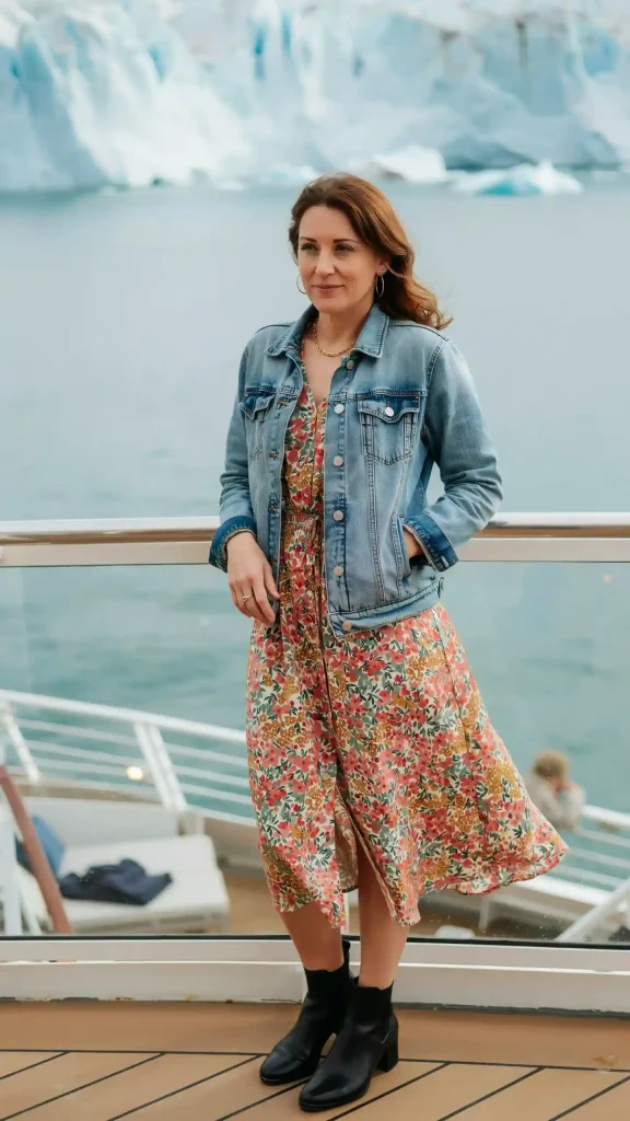 Light-Blue-Denim-Jacket-with-Floral-Midi-Dress-and-Boots Light Blue Denim Jacket with Floral Midi Dress and Boots