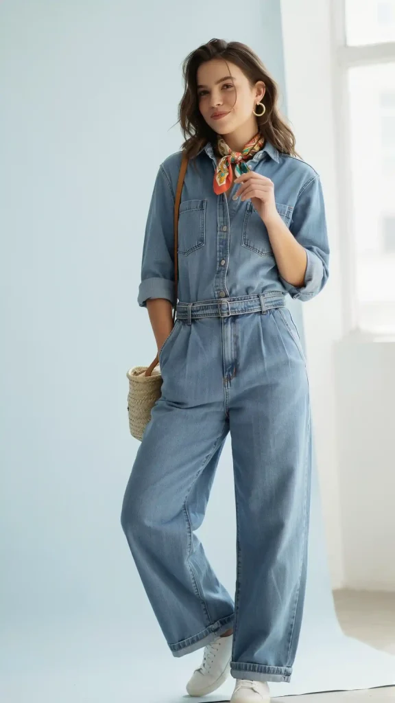 Light-Blue-Denim-Jumpsuit-With-Vibrant-Colors-Stylish-Scarf Light Blue Denim Jumpsuit With Vibrant Colors Stylish Scarf