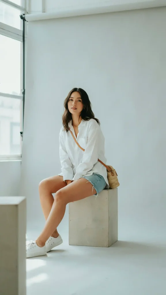 Light-Blue-Denim-Shorts-With-Oversized-White-Shirt Light Blue Denim Shorts With Oversized White Shirt