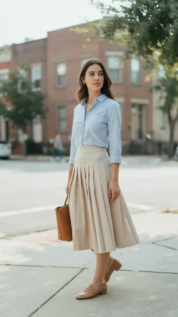 Light-Blue-Oxford-Shirt-with-Beige-Pleated-Midi-Skirt Light Blue Oxford Shirt with Beige Pleated Midi Skirt