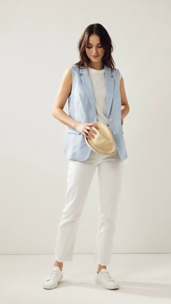 Light-Blue-Vest-with-White-Jeans-for-Fresh-Summer-Looks Light Blue Vest with White Jeans for Fresh Summer Looks