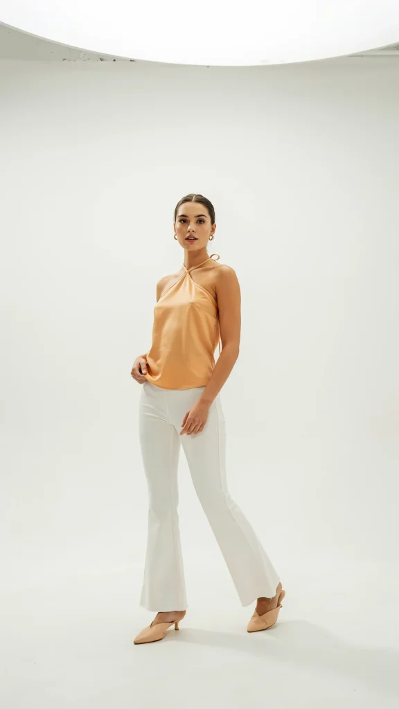 Light-Orange-Halter-Neck-Top-With-White-Flared-Trousers Light Orange Halter Neck Top With White Flared Trousers