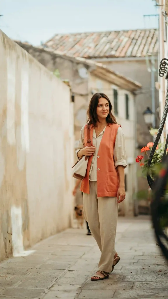 Light-Orange-Vest-with-Linen-Pants-for-Chic-Travel-Style Light Orange Vest with Linen Pants for Chic Travel Style