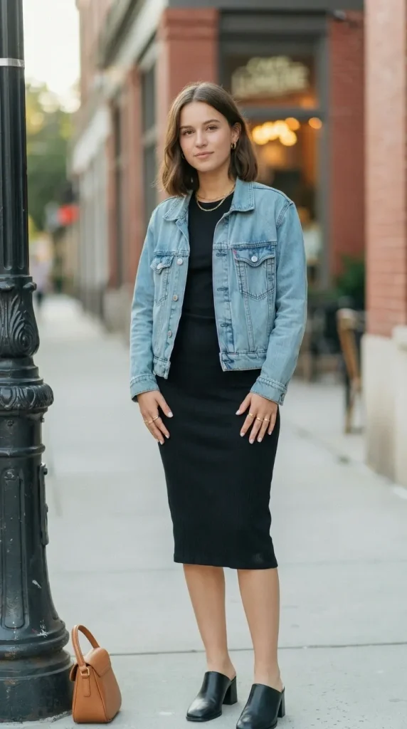 Light-Wash-Denim-Jacket-with-Black-Ribbed-Midi-Dress Light Wash Denim Jacket with Black Ribbed Midi Dress
