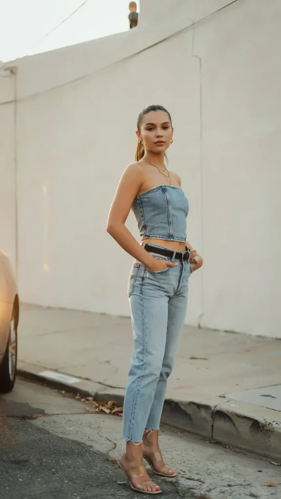 Light-Wash-Denim-Tube-Top-and-Low-Rise-Jeans-Look Light Wash Denim Tube Top and Low Rise Jeans Look