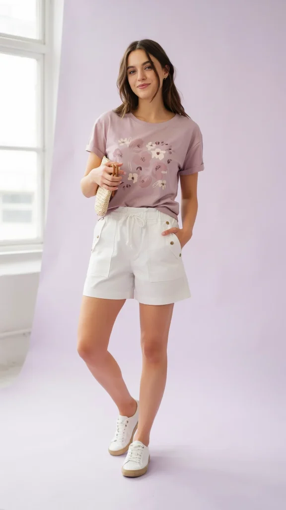 Lilac-Graphic-Baby-Tee-with-White-Utility-Shorts-Outfit Lilac Graphic Baby Tee with White Utility Shorts Outfit