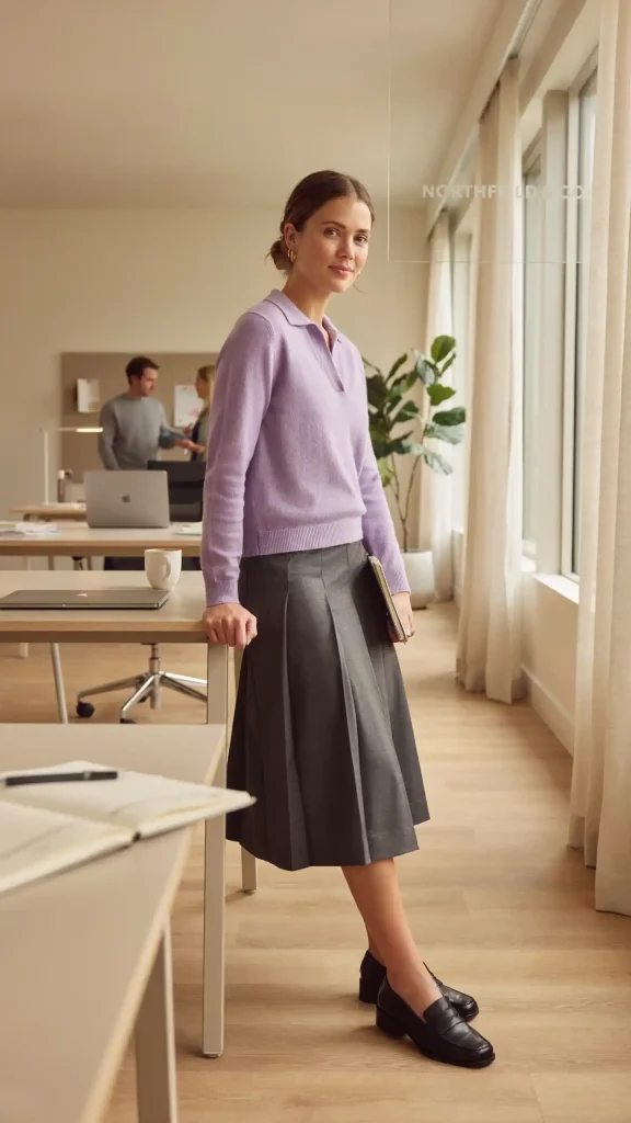 Lilac-Knit-Polo-with-Charcoal-Pleated-Midi-Skirt Lilac Knit Polo with Charcoal Pleated Midi Skirt