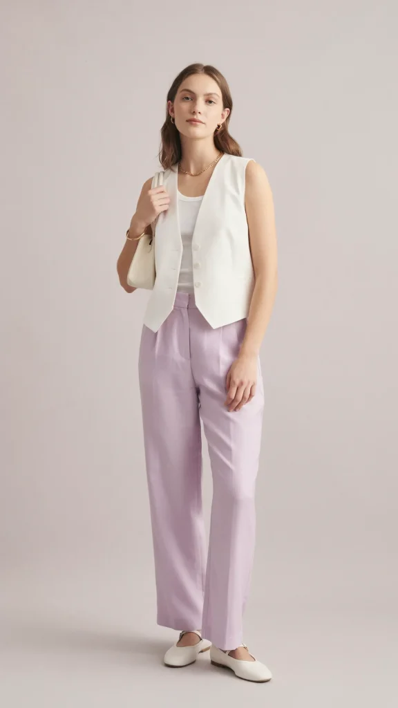 Lilac-Linen-Pants-Outfit-with-Tailored-White-Waistcoat-and-Flats Lilac Linen Pants Outfit with Tailored White Waistcoat and Flats