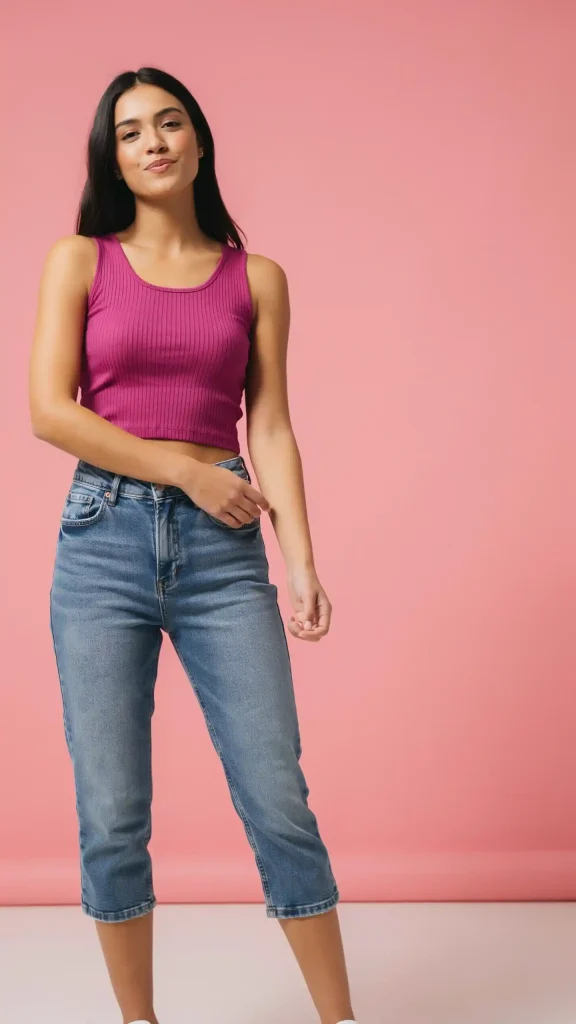 Magenta-Ribbed-Crop-Top-with-Denim-Capri-Pants-Style Magenta Ribbed Crop Top with Denim Capri Pants Style