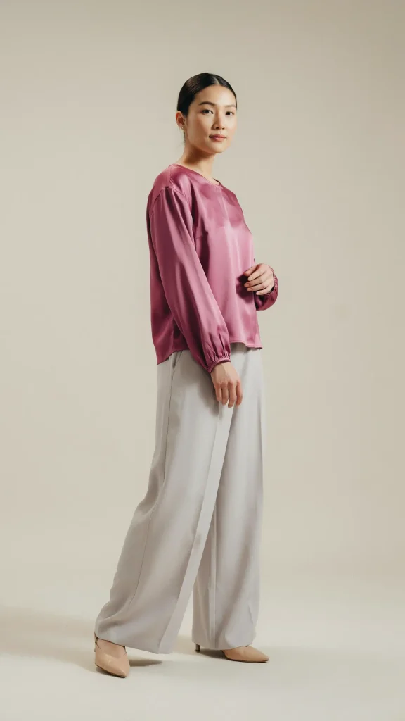 Magenta-Satin-Blouse-With-Gray-Wide-Leg-Pants Magenta Satin Blouse With Gray Wide Leg Pants