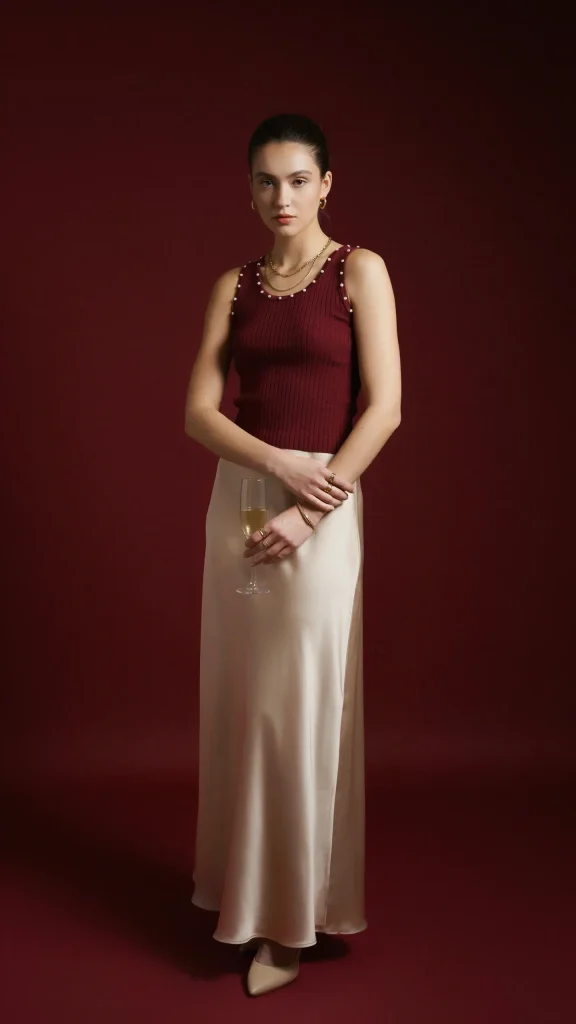 Maroon-Knit-Tank-With-Pearls-All-over-and-Champagne-Maxi-Skirt-In-Silk Maroon Knit Tank With Pearls All over and Champagne Maxi Skirt In Silk