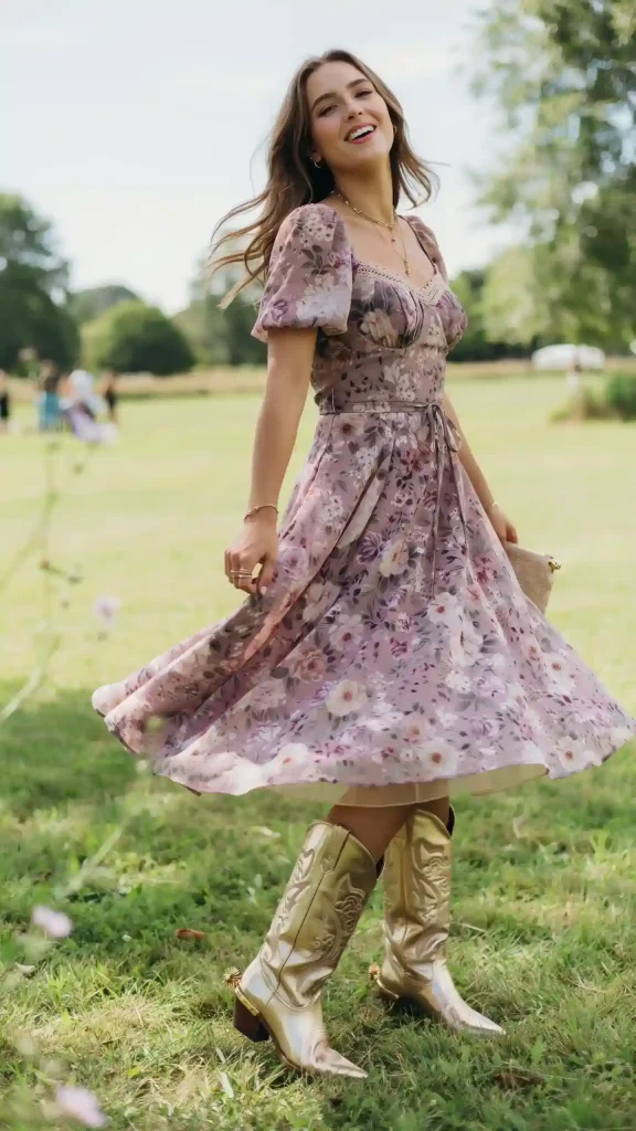 Mauve-Floral-Dress-with-Statement-Cowboy-Boots Mauve Floral Dress with Statement Cowboy Boots