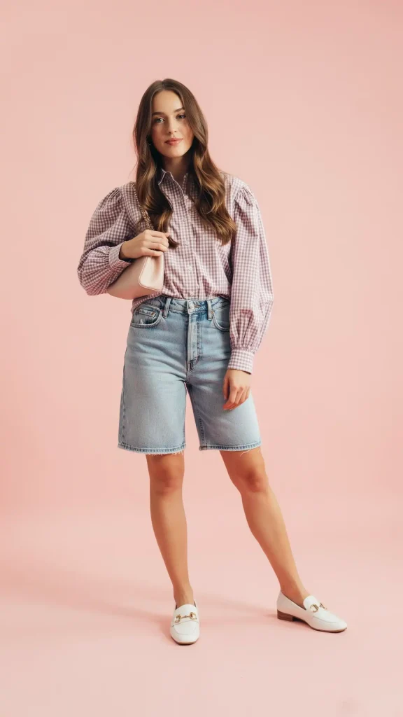 Mauve-Puff-sleeve-gingham-shirt-with-jorts-soft-vintage-summer-look Mauve Puff sleeve gingham shirt with jorts soft vintage summer look
