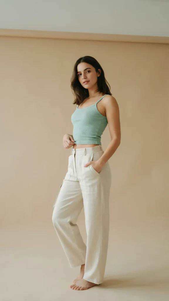 Mint-Green-Crop-Tank-with-Beige-Linen-Cargo-Pants Mint Green Crop Tank with Beige Linen Cargo Pants