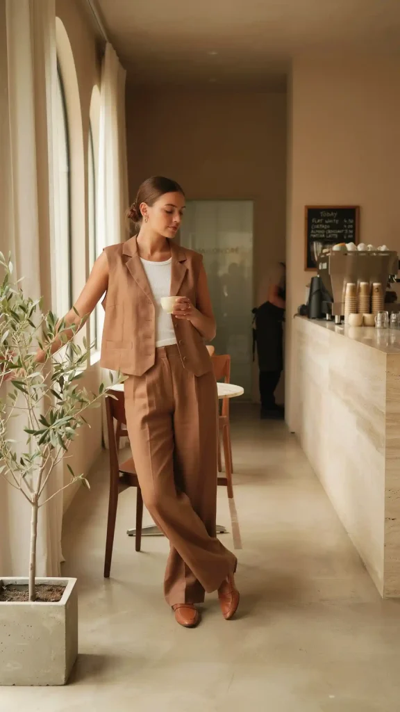 Mocha-Brown-Linen-Vest-With-Matching-Wide-Pants Mocha Brown Linen Vest With Matching Wide Pants