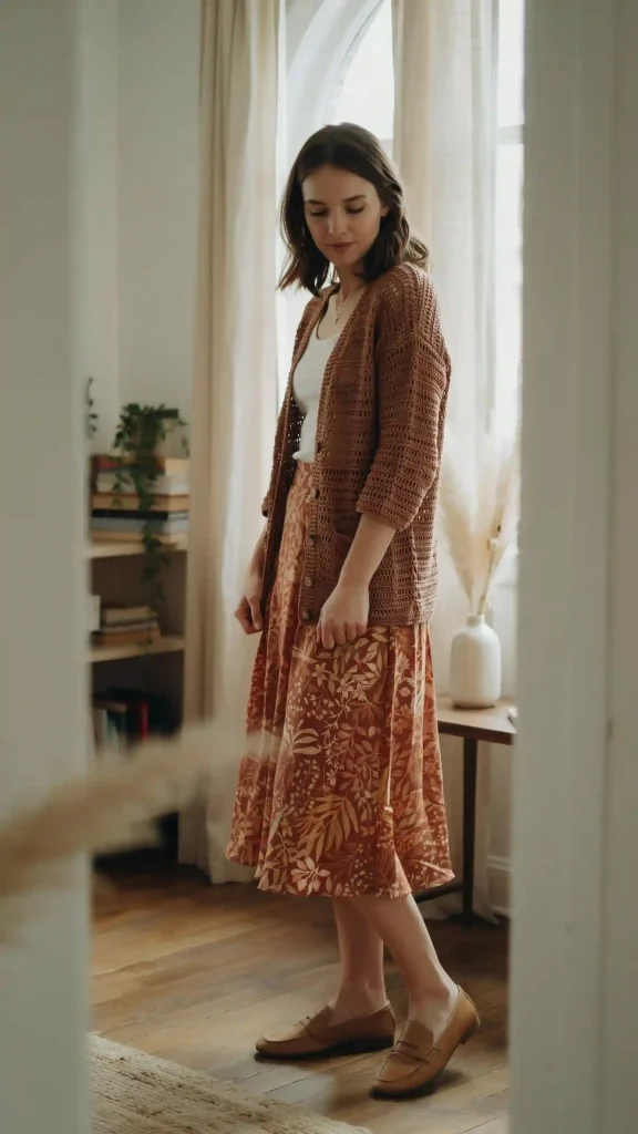 Mocha-Crochet-Cardigan-With-Printed-Midi-Skirt Mocha Crochet Cardigan With Printed Midi Skirt