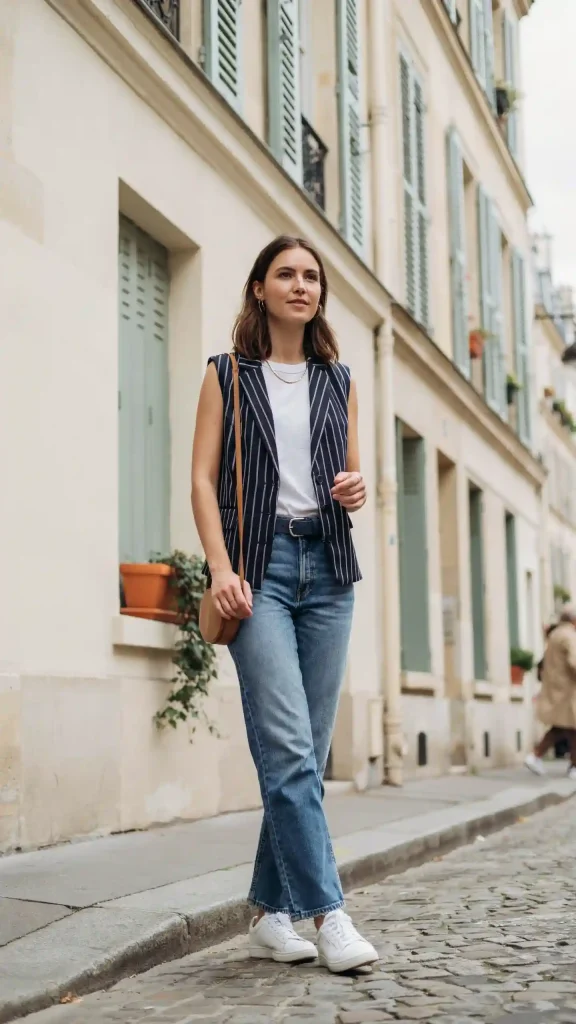 Navy-Striped-Vest-with-Wide-Leg-Jeans-for-French-Inspired-Style Navy Striped Vest with Wide Leg Jeans for French Inspired Style