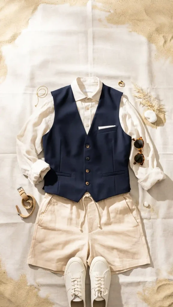 Navy-Tailored-Vest-with-Linen-Shorts-for-Coastal-Chic-Vibes Navy Tailored Vest with Linen Shorts for Coastal Chic Vibes