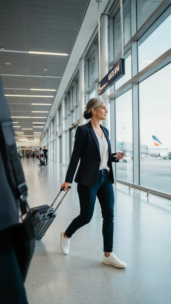 Navy-Travel-Blazer-With-White-Sneakers-And-Straight-Leg-Jeans Navy Travel Blazer With White Sneakers And Straight Leg Jeans