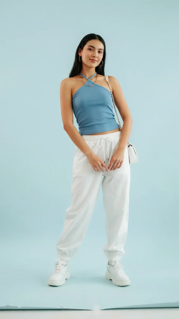 Ocean-Halter-Top-with-White-Parachute-Pants-Outfit Ocean Halter Top with White Parachute Pants Outfit