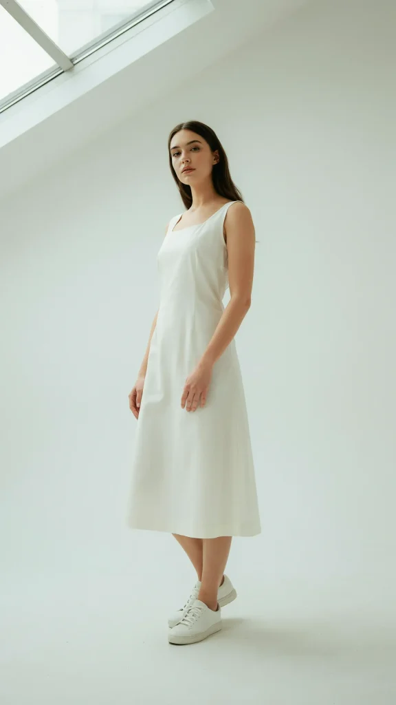 Off-White-Sleeveless-Midi-Dress-With-Minimal-White-Sneakers Off-White Sleeveless Midi Dress With Minimal White Sneakers