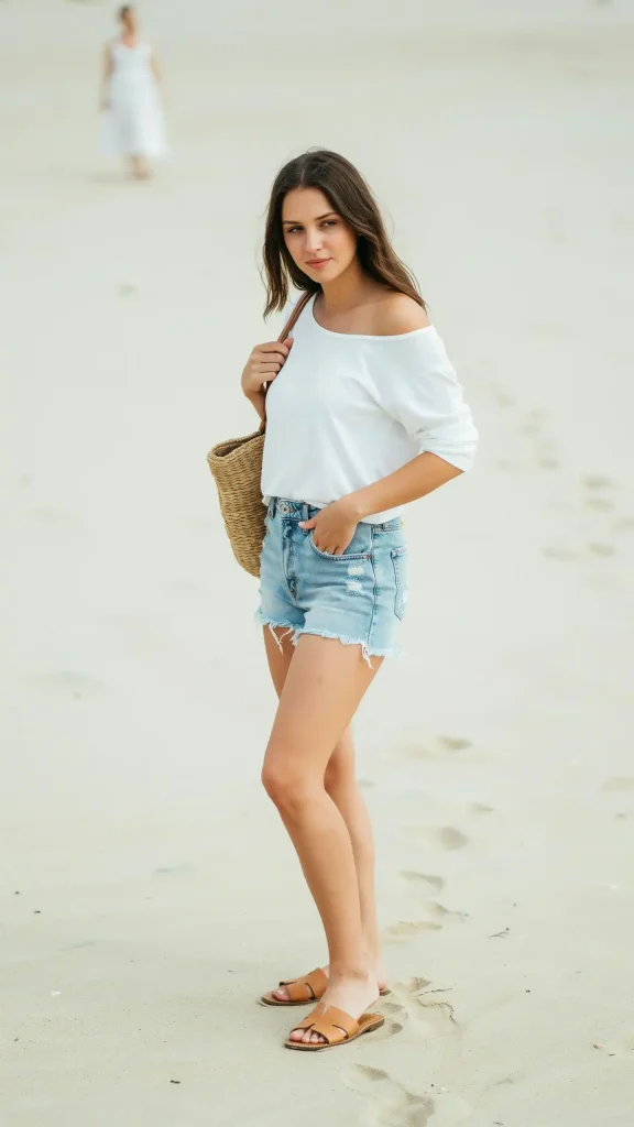 Off-shoulder-white-top-with-ripped-jorts-beach-casual-look Off shoulder white top with ripped jorts beach casual look