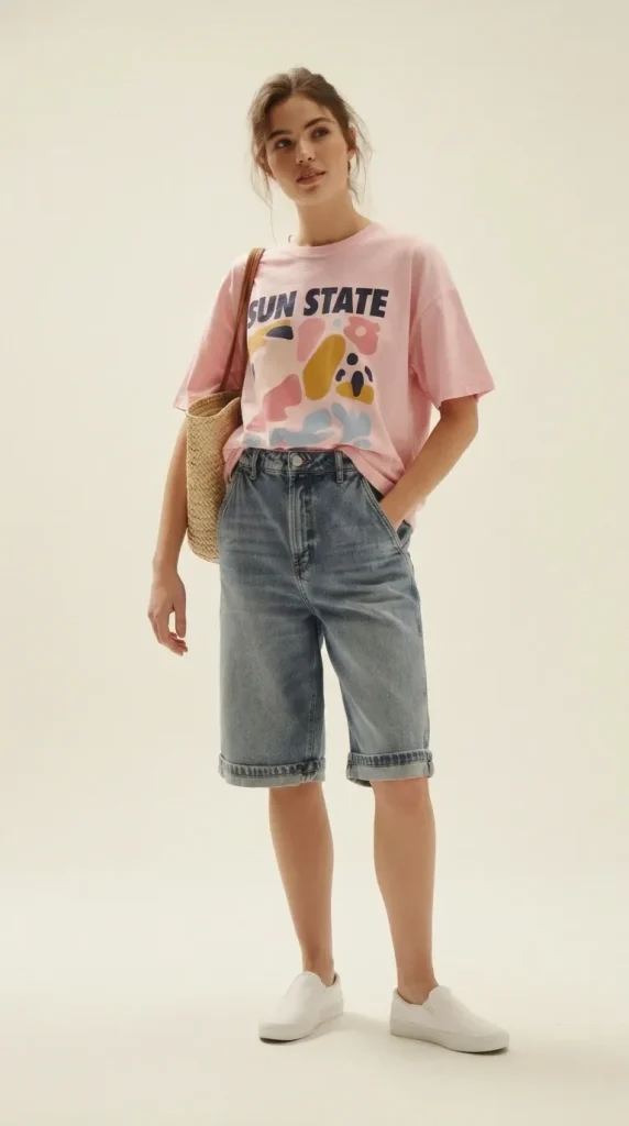 Oversized-Bubble-Pink-graphic-tee-with-baggy-jorts-relaxed-summer-look Oversized Bubble Pink graphic tee with baggy jorts relaxed summer look
