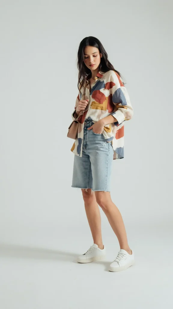 Oversized-abstract-print-shirt-with-jorts-trendy-casual-outfit Oversized abstract print shirt with jorts trendy casual outfit