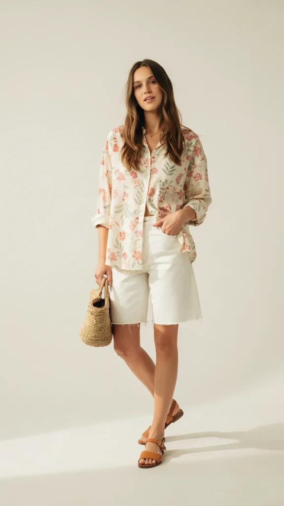Oversized-floral-shirt-with-white-jorts-relaxed-summer-chic Oversized floral shirt with white jorts relaxed summer chic