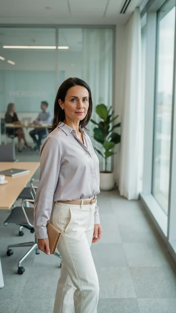 Pale-Lavender-Blouse-with-Pearl-White-Tailored-Office-Trousers Pale Lavender Blouse with Pearl White Tailored Office Trousers