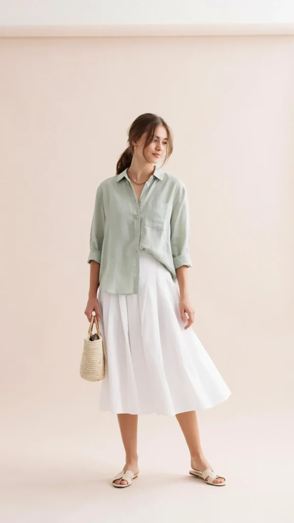 Pastel-Green-Linen-Shirt-With-White-Flowy-Skirt Pastel Green Linen Shirt With White Flowy Skirt