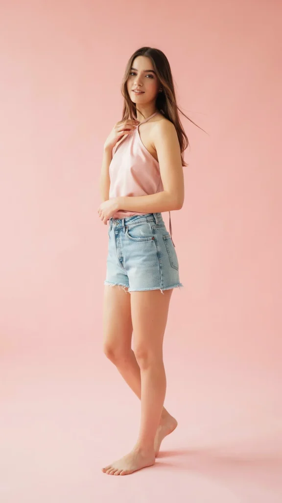 Pastel-Pink-Halter-Top-with-Relaxed-Denim-Shorts-Style Pastel Pink Halter Top with Relaxed Denim Shorts Style