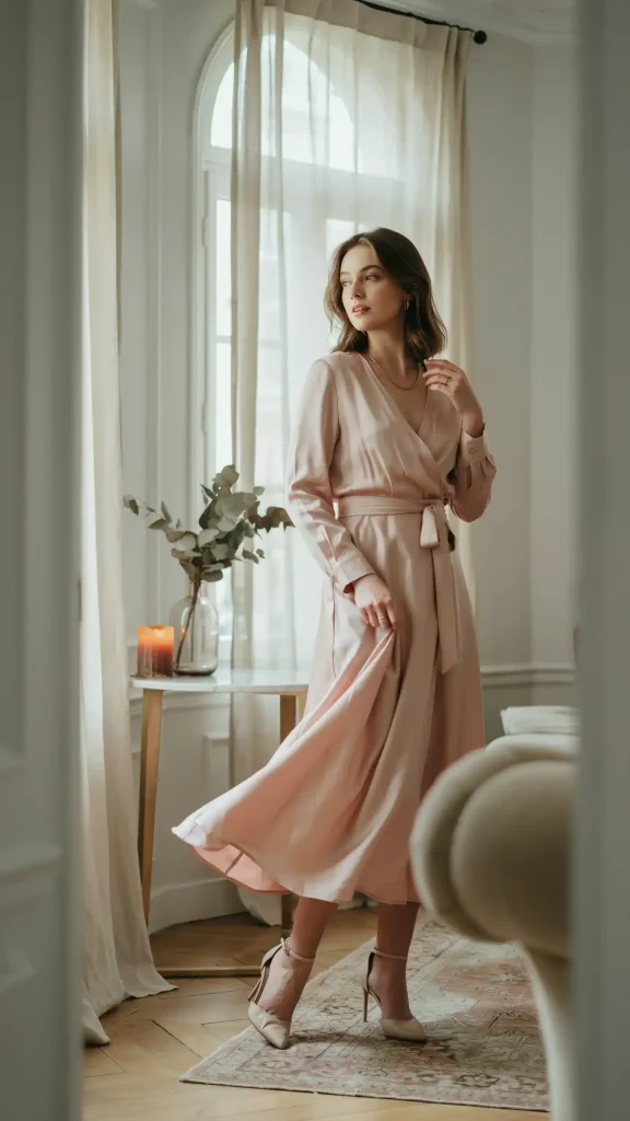 Pastel-Pink-Silk-Wrap-Midi-Dress-With-High-Heels-and-Jewelry Pastel Pink Silk Wrap Midi Dress With High Heels and Jewelry