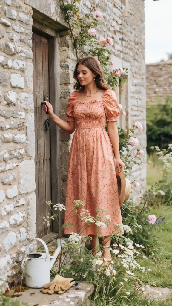 Peach-Floral-Smocked-Dress-With-Soft-Cottagecore-Aesthetic Peach Floral Smocked Dress With Soft Cottagecore Aesthetic