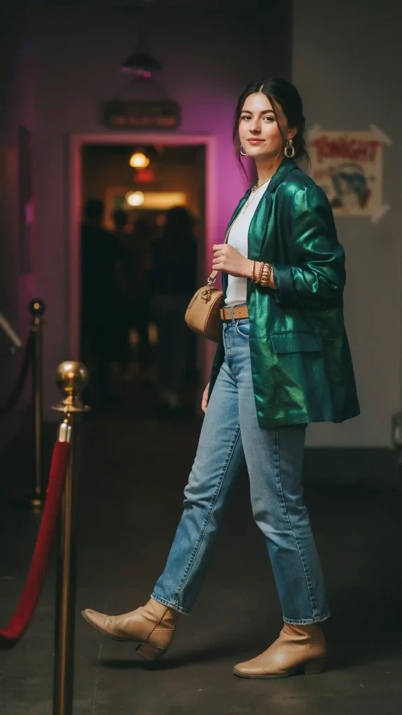 Peacock-Green-Statement-Jacket-with-Straight-Denim Peacock Green Statement Jacket with Straight Denim