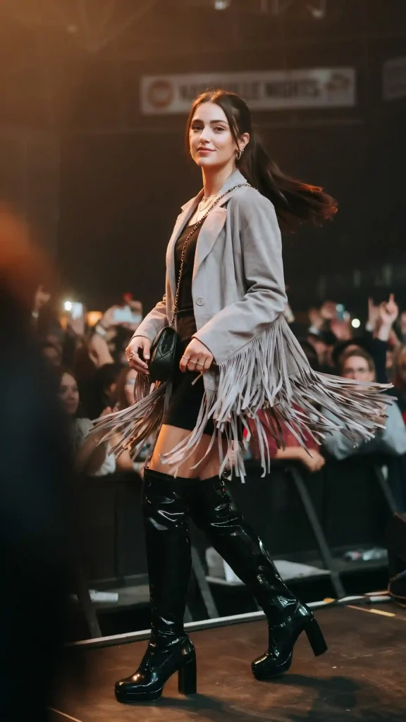 Pearl-Grey-Fringe-Coat-with-Black-Mini-Dress Pearl Grey Fringe Coat with Black Mini Dress