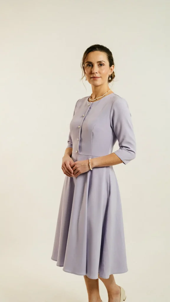 Periwinkle-Button-Front-Dress-with-Pearl-White-Accessories Periwinkle Button Front Dress with Pearl White Accessories