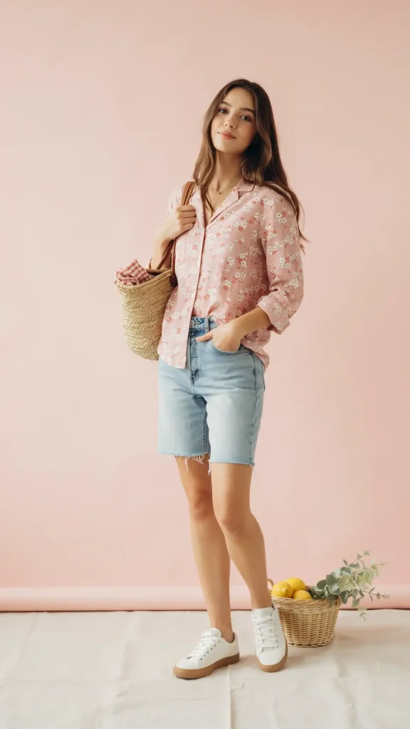 Pink-floral-button-up-shirt-with-jorts-cute-picnic-outfit-look Pink floral button-up shirt with jorts cute picnic outfit look