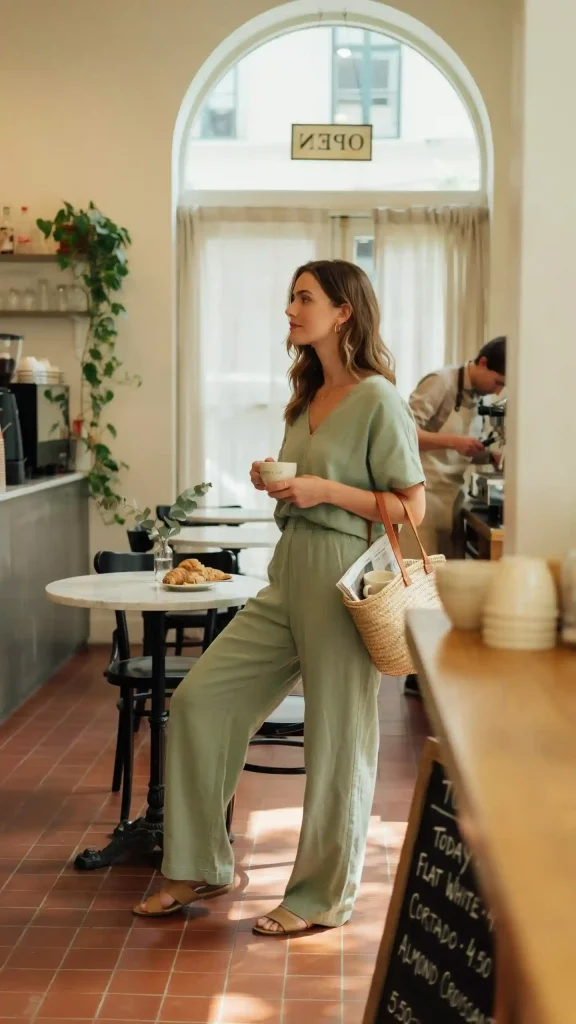 Pistachio-Green-Linen-Jumpsuit-With-Woven-Tote-Bag Pistachio Green Linen Jumpsuit With Woven Tote Bag