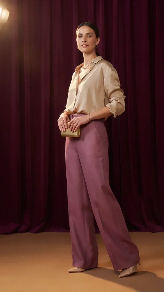 Plum-Linen-Pants-Outfit-with-Soft-Champagne-Silk-Button-Blouse Plum Linen Pants with Soft Champagne Silk Button Blouse
