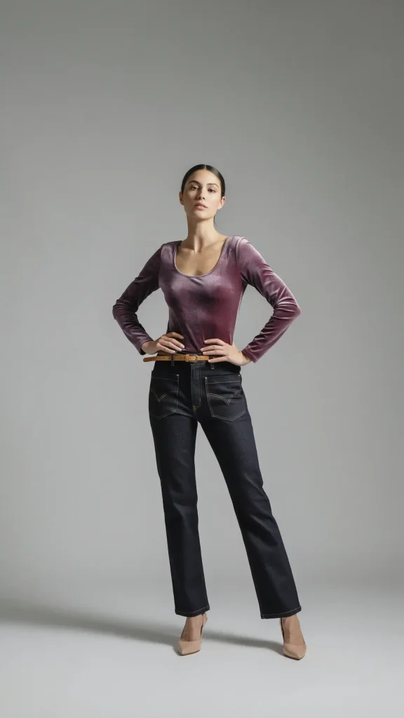 Plum-Velvet-Bodysuit-With-High-Waist-Western-Jeans Plum Velvet Bodysuit With High Waist Western Jeans