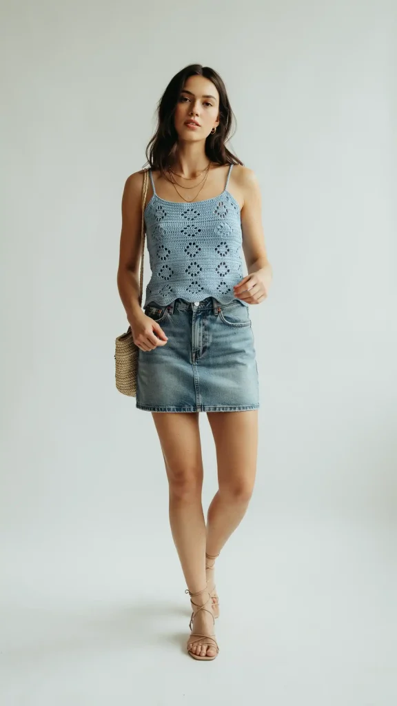 Powder-Blue-Crochet-Top-With-Denim-Skirt-Summer-Look Powdered Blue Crochet Top With Denim Skirt Summer Look