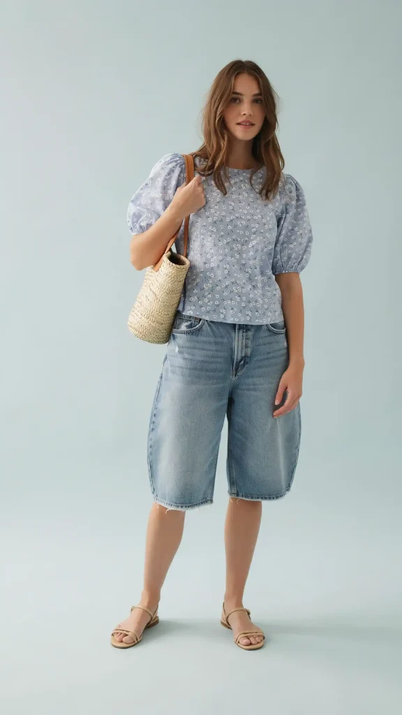 Powdered-Blue-floral-puff-sleeve-top-with-jorts-feminine-vibe Powdered Blue floral puff sleeve top with jorts feminine vibe