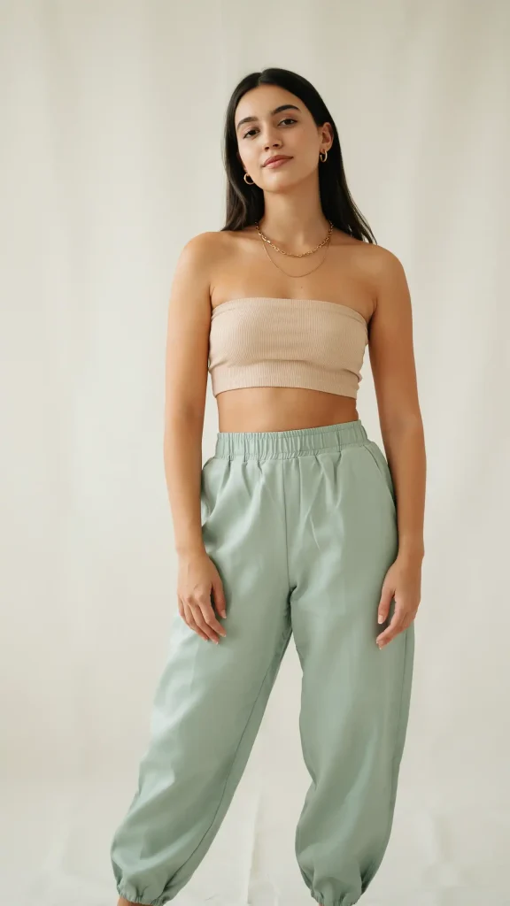 Pudding-Bandeau-Top-with-Sage-Green-Parachute-Pants-Look Pudding Bandeau Top with Sage Green Parachute Pants Look