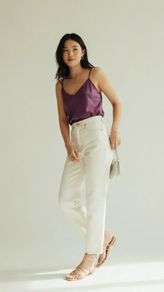 Purple-Silk-Camisole-and-Off-White-Denim-Outfit-Idea Purple Silk Camisole and Off-White Denim Outfit Idea