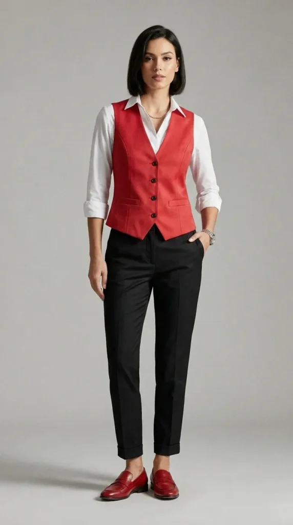 Red-Color-Vest-Layered-with-White-Shirt-for-Timeless-Style Red Color Vest Layered with White Shirt for Timeless Style
